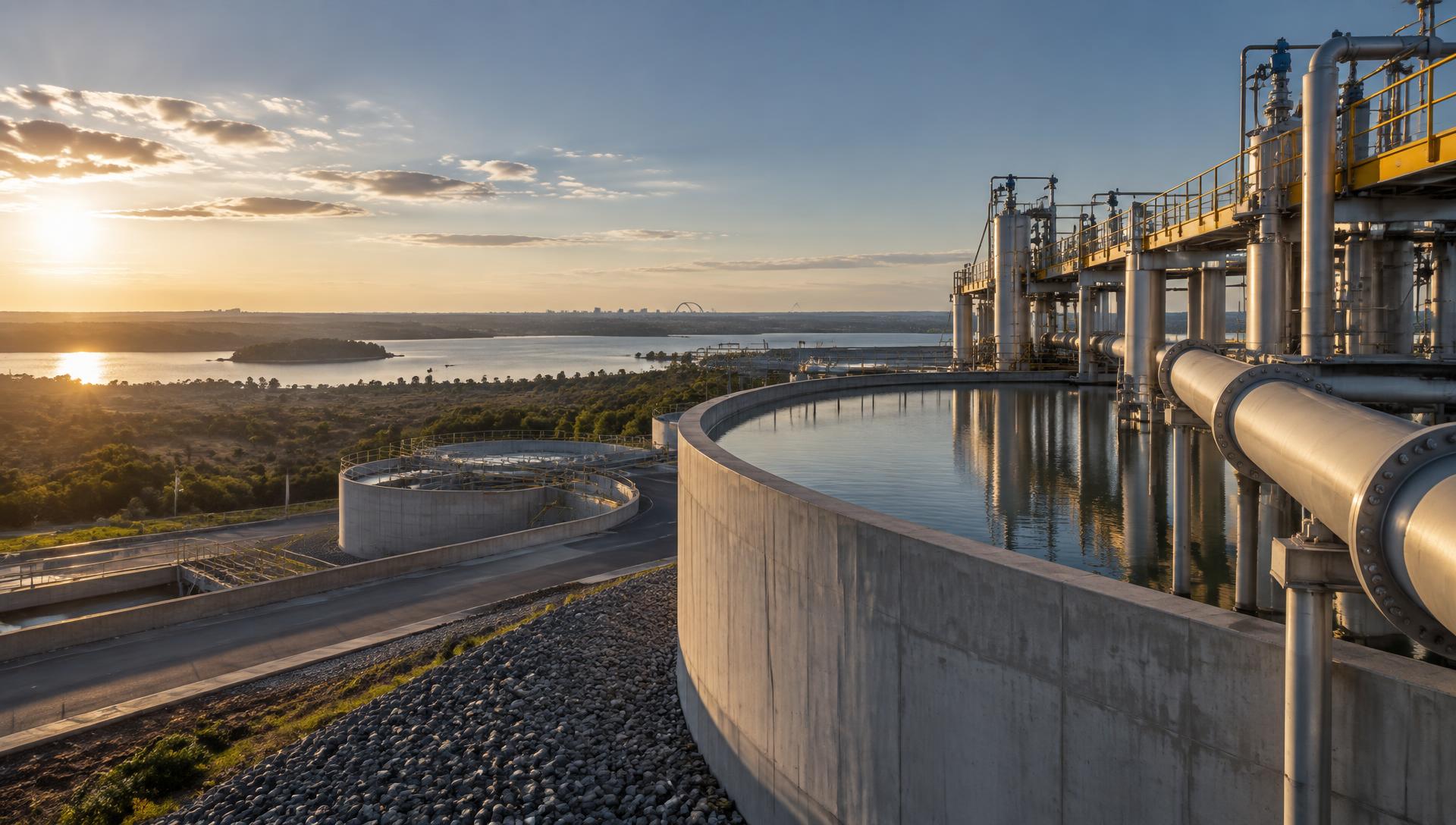 Instalação de infraestrutura hídrica com reservatórios e tubulações